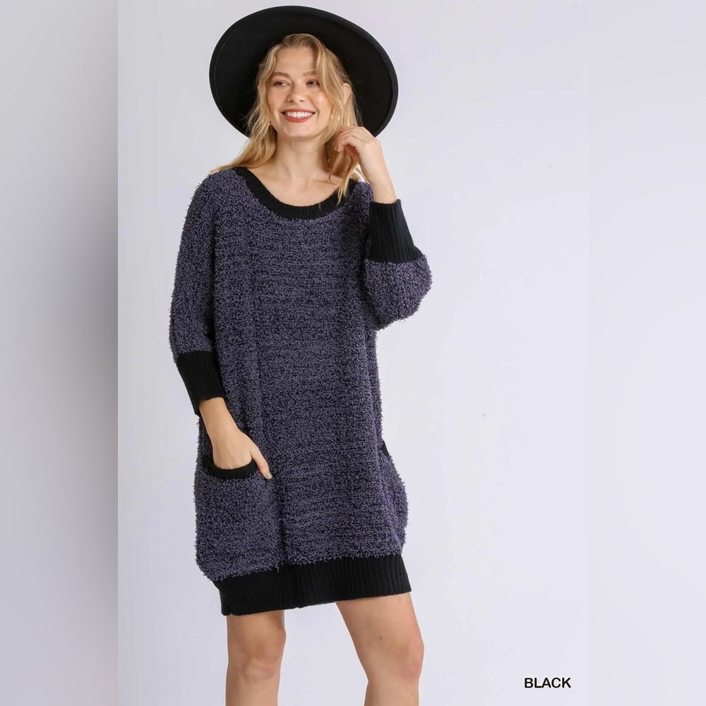 Umgee Round Neck 3/4 Sleeve Sweater Dress with Pockets